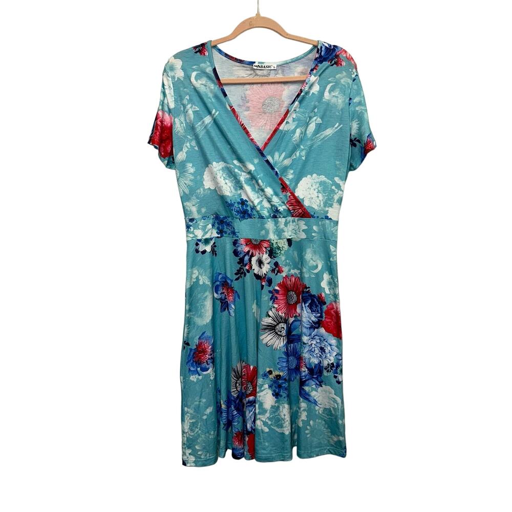 MS‎ Basic Floral Wrap Dress Large Teal Blue Red Short Sleeve Fit Flare Casual